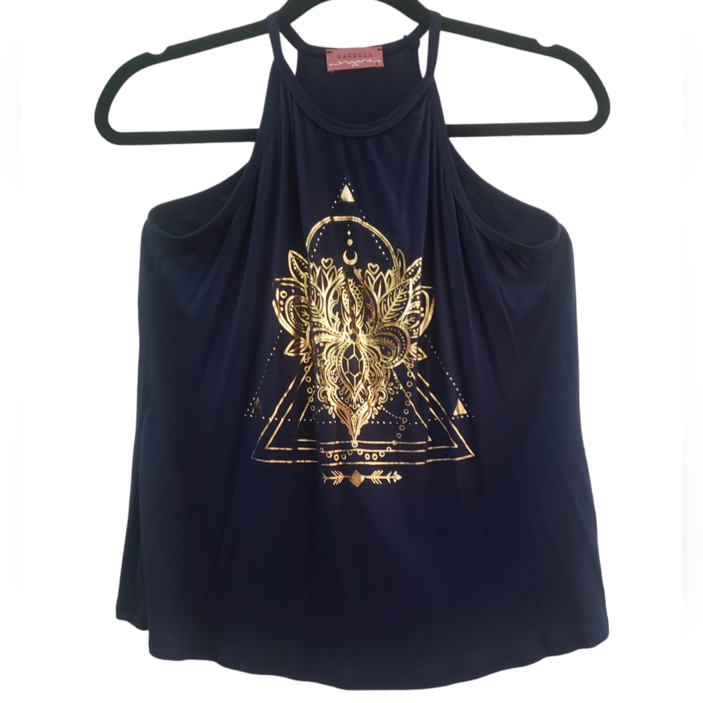 EUC - Women's Navy with Gold Design Sleeveless Top SZ M